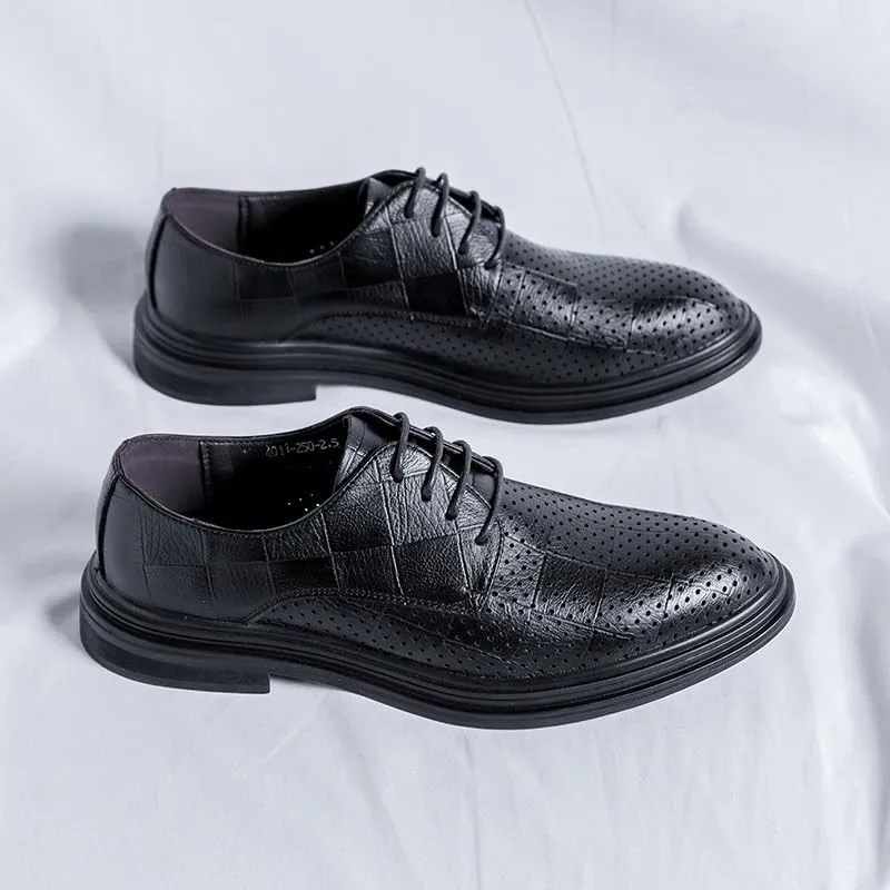 Modern Formal Hollowout Breathable Business Brogue Mens Leather Slip Resistant Block Heel Oxfords