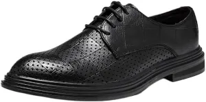 Modern Formal Hollowout Breathable Business Brogue Mens Leather Slip Resistant Block Heel Oxfords