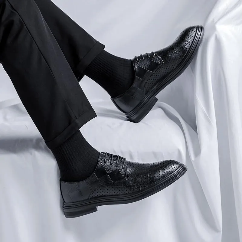Modern Formal Hollowout Breathable Business Brogue Mens Leather Slip Resistant Block Heel Oxfords