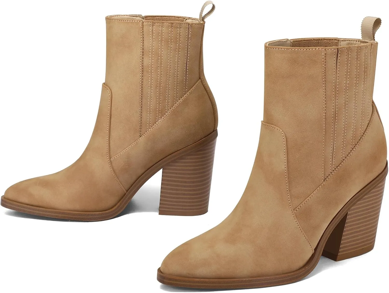 mysoft Women's Ankle Boots Stacked Chunky Mid Heel Pointed Toe Side Hidden Elastic Western Booties
