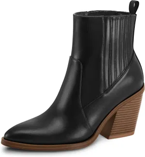 mysoft Women's Ankle Boots Stacked Chunky Mid Heel Pointed Toe Side Hidden Elastic Western Booties