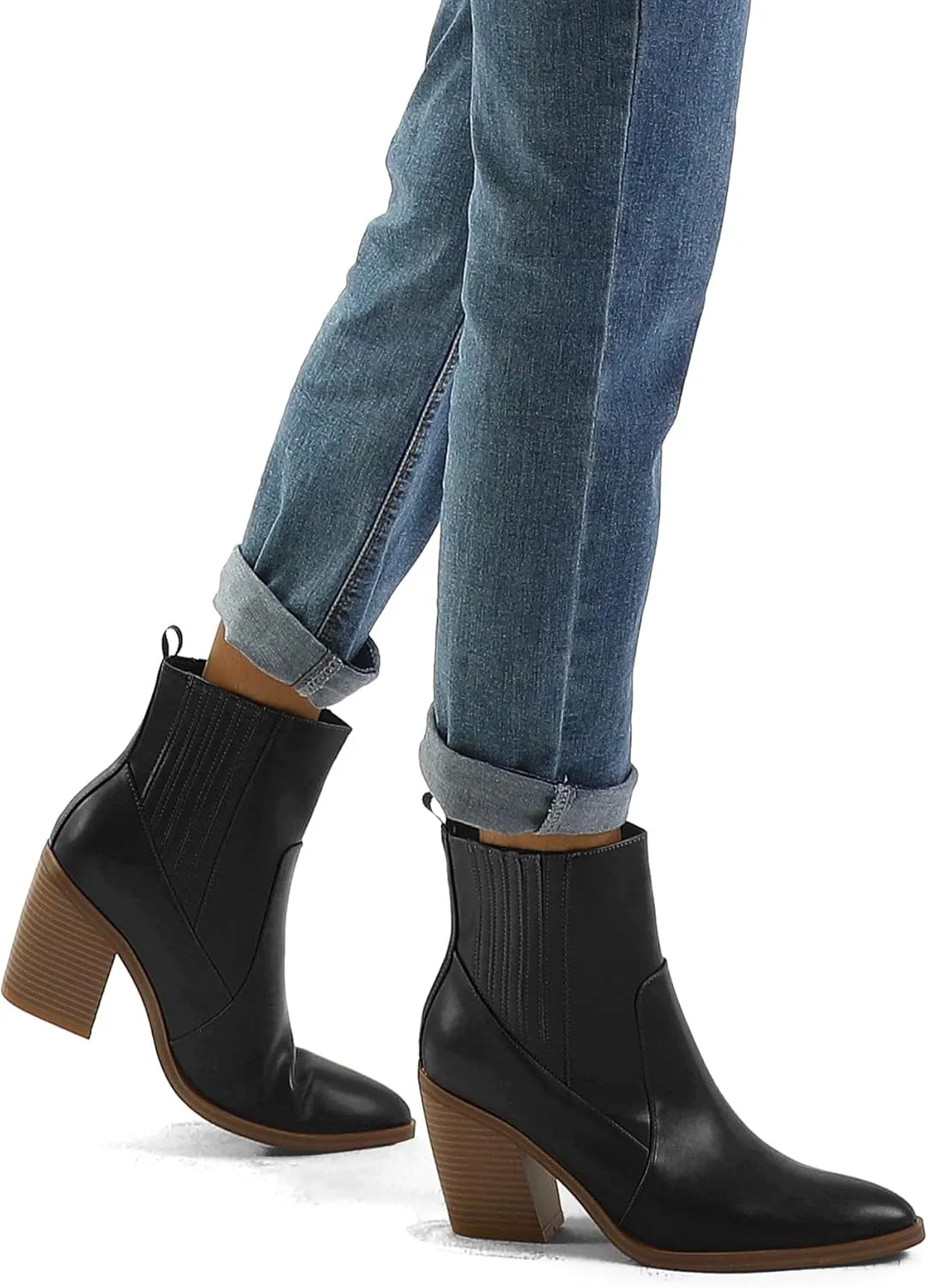 mysoft Women's Ankle Boots Stacked Chunky Mid Heel Pointed Toe Side Hidden Elastic Western Booties