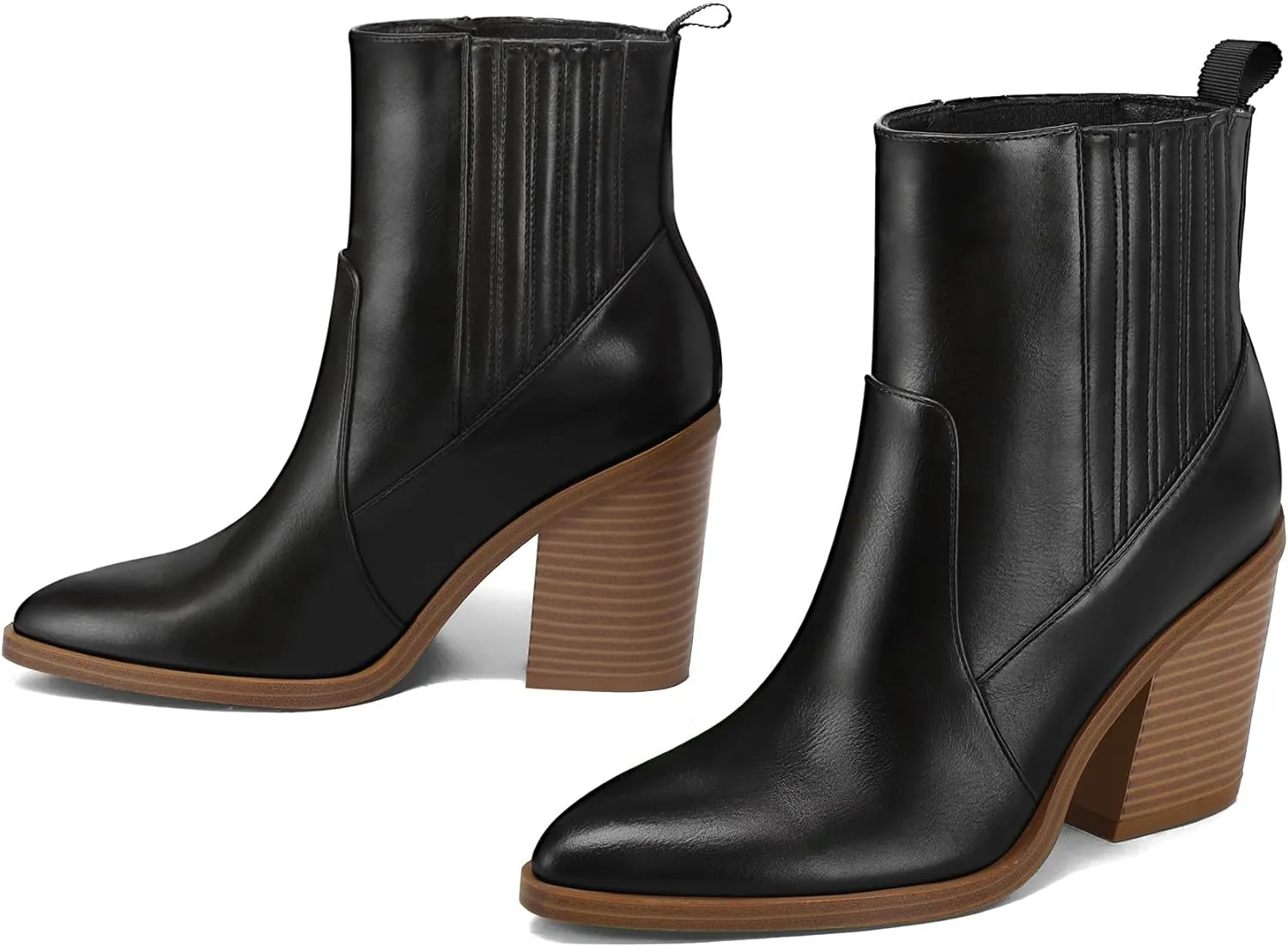 mysoft Women's Ankle Boots Stacked Chunky Mid Heel Pointed Toe Side Hidden Elastic Western Booties