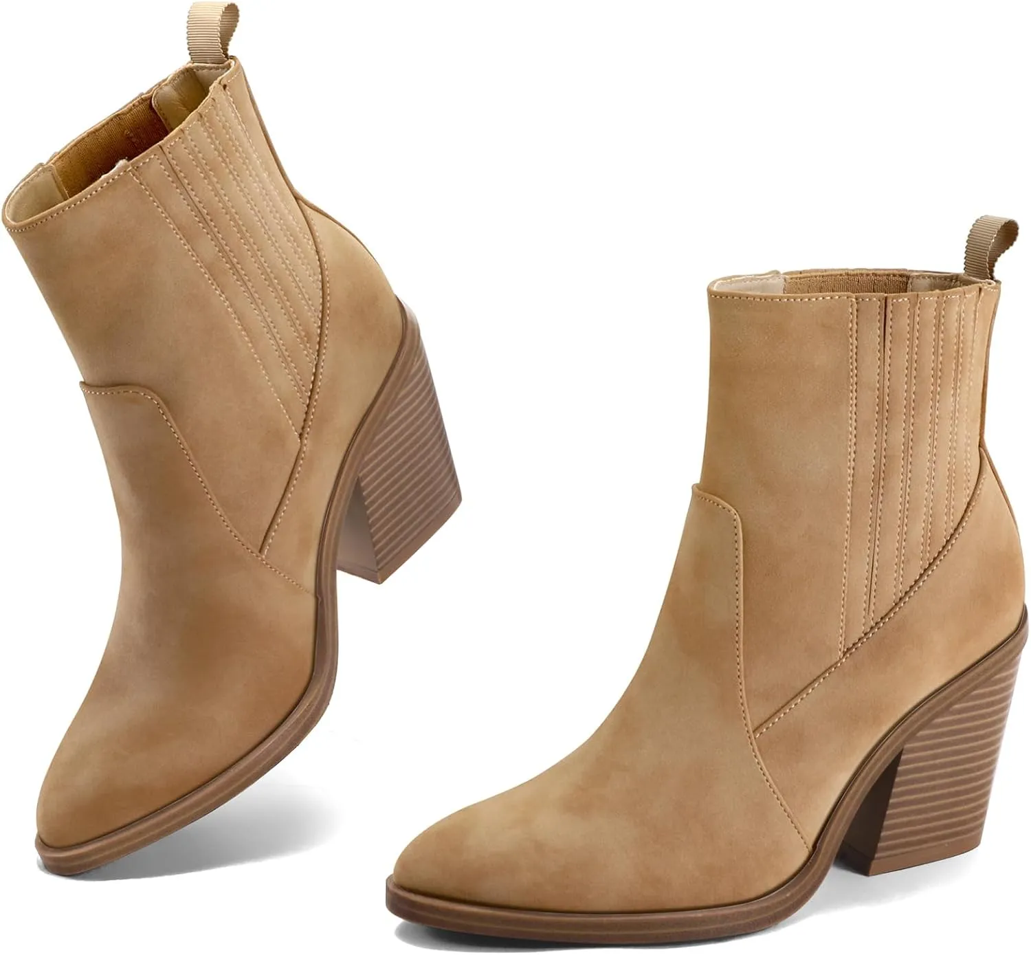 mysoft Women's Ankle Boots Stacked Chunky Mid Heel Pointed Toe Side Hidden Elastic Western Booties