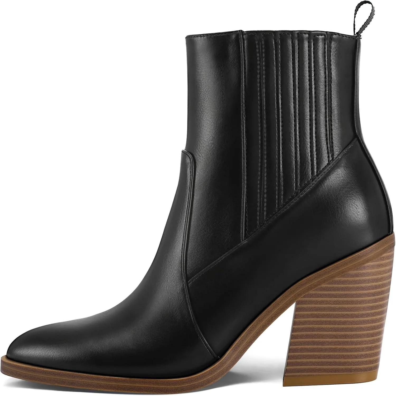 mysoft Women's Ankle Boots Stacked Chunky Mid Heel Pointed Toe Side Hidden Elastic Western Booties
