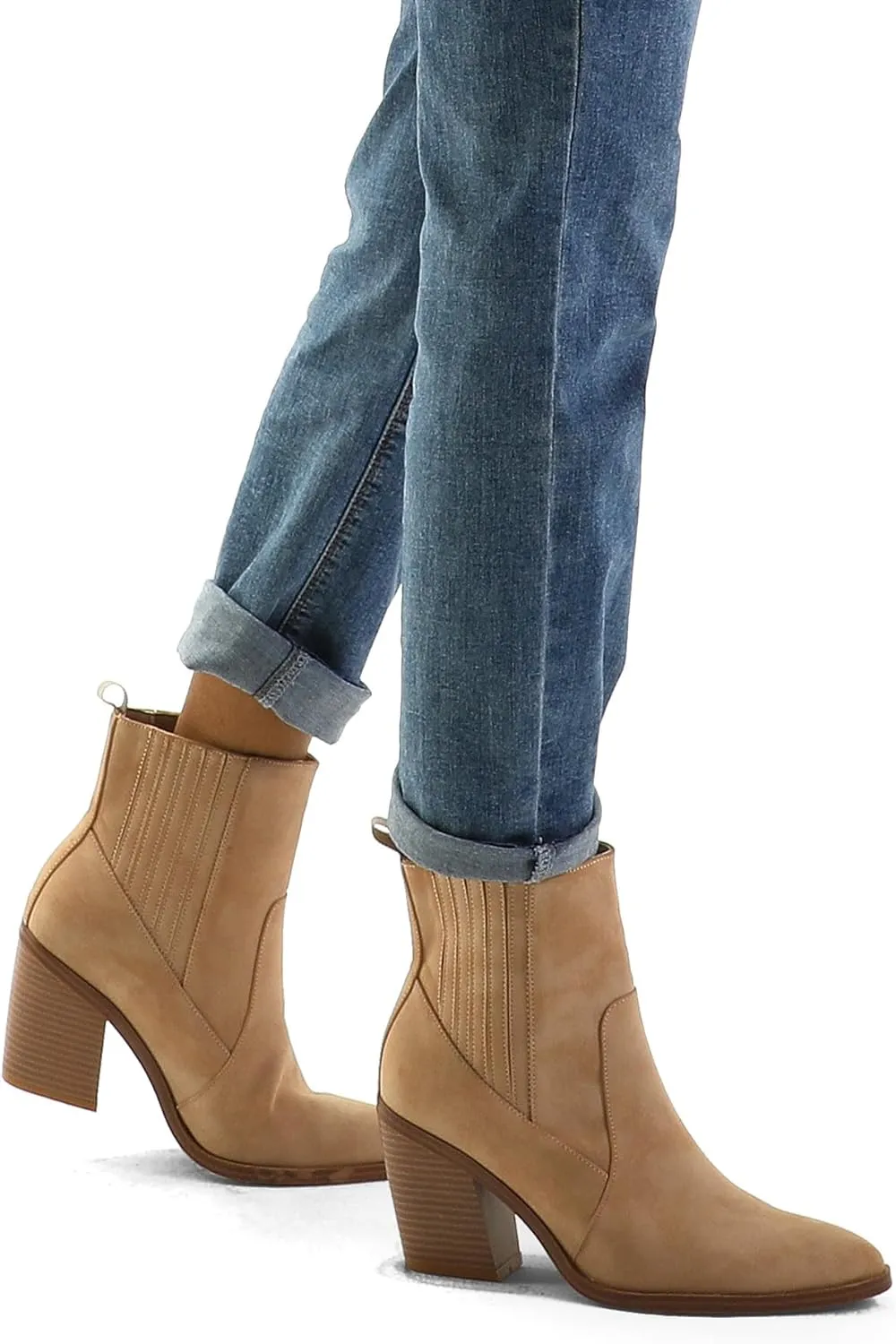 mysoft Women's Ankle Boots Stacked Chunky Mid Heel Pointed Toe Side Hidden Elastic Western Booties