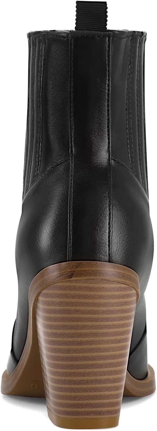 mysoft Women's Ankle Boots Stacked Chunky Mid Heel Pointed Toe Side Hidden Elastic Western Booties