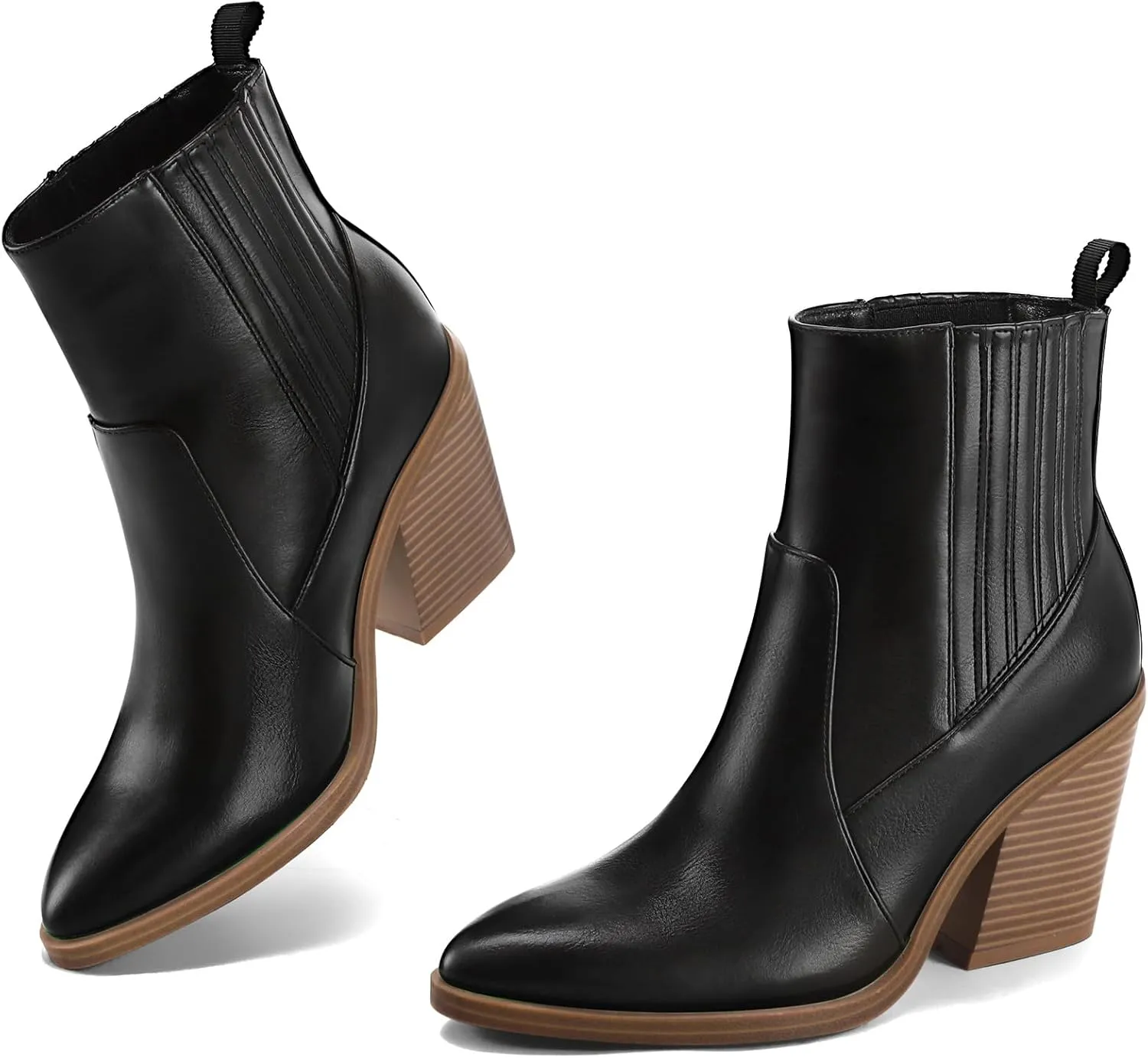 mysoft Women's Ankle Boots Stacked Chunky Mid Heel Pointed Toe Side Hidden Elastic Western Booties