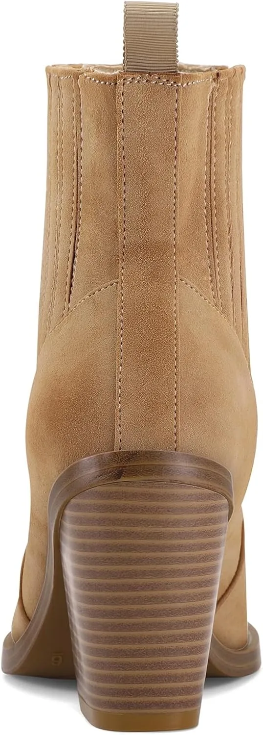 mysoft Women's Ankle Boots Stacked Chunky Mid Heel Pointed Toe Side Hidden Elastic Western Booties