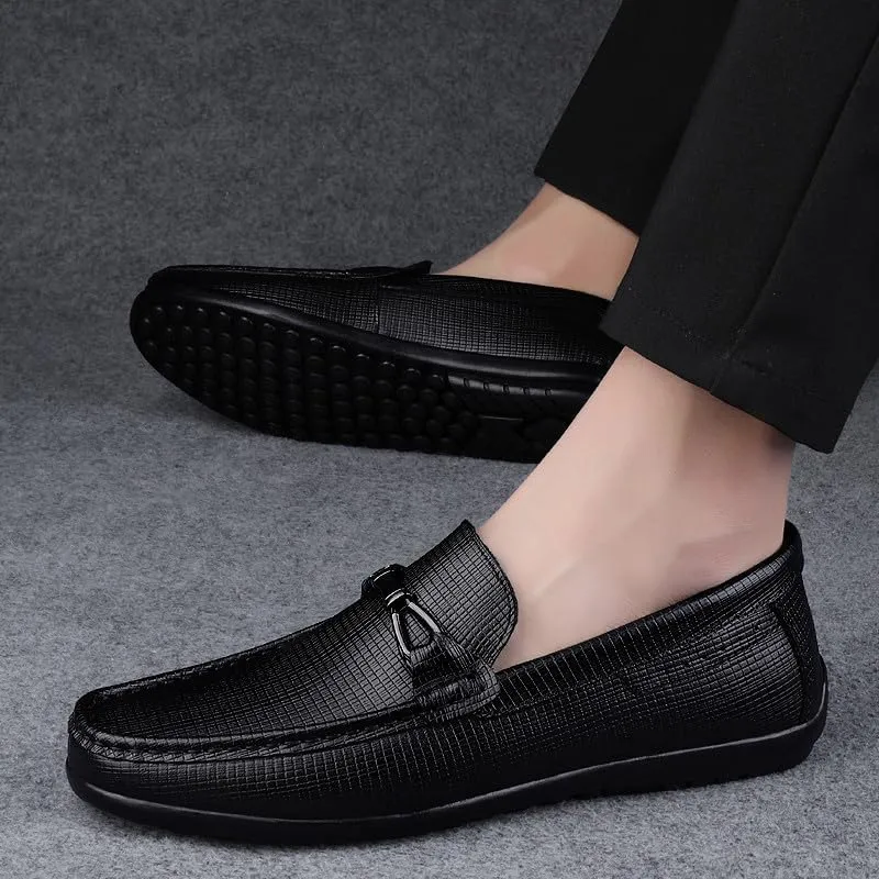 Santimon Men's Leather Loafers Slip on Flat Moccasin Shoes Driving Loafers Casual Bow Tie Snaffles Loafers for Men