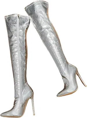 Side Zipper Stiletto Over-The-Knee Boots, Pointed Toe Pattern Patent Leather Shiny Splicing Thin Pleated High Heels Simple And Versatile Comfortable