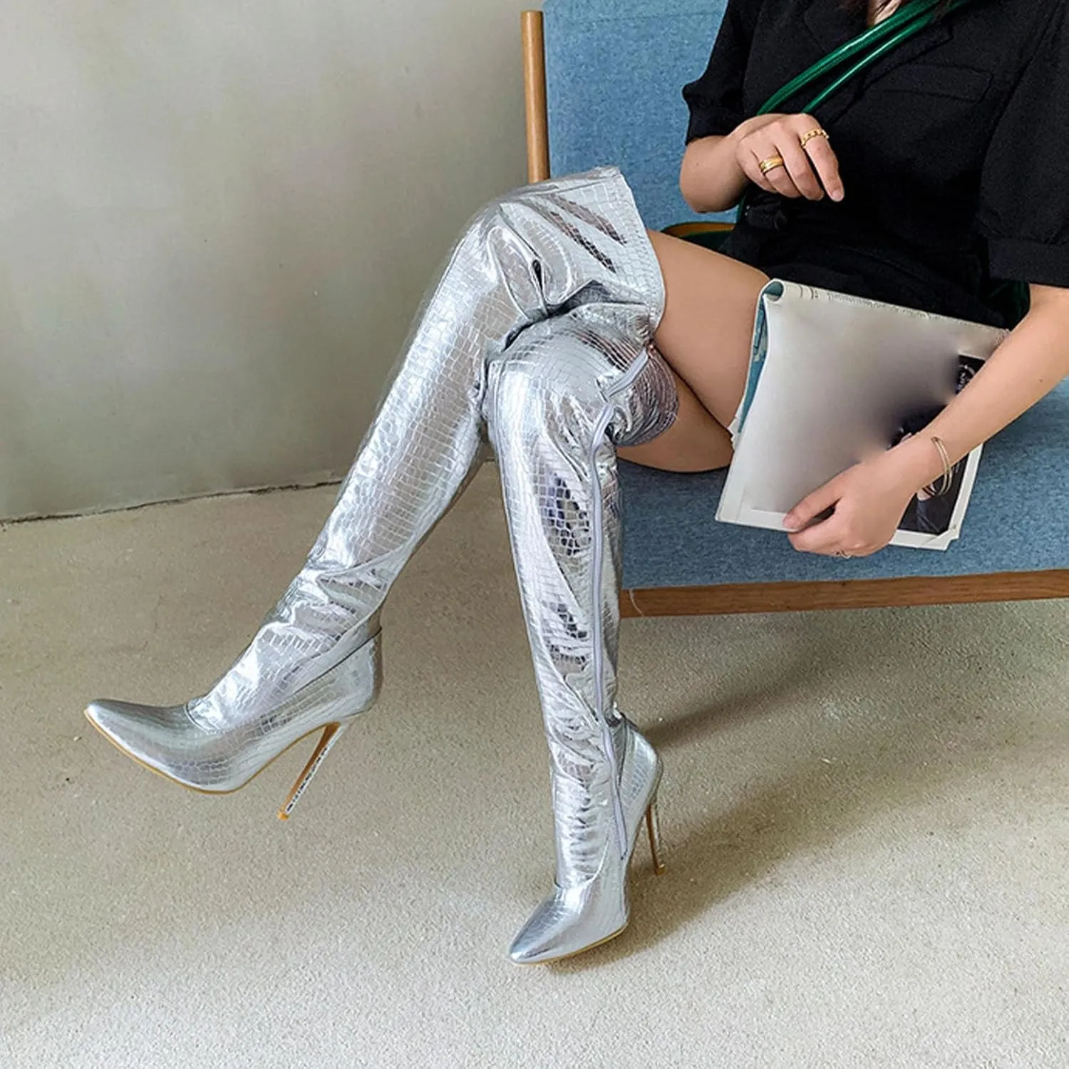 Side Zipper Stiletto Over-The-Knee Boots, Pointed Toe Pattern Patent Leather Shiny Splicing Thin Pleated High Heels Simple And Versatile Comfortable