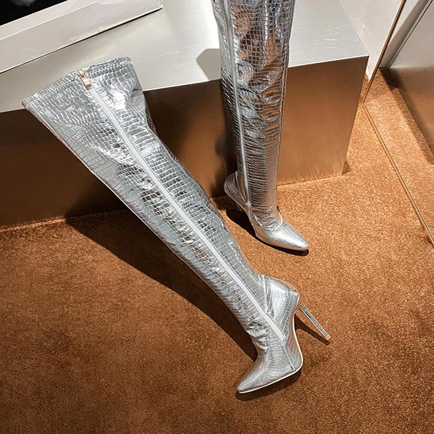 Side Zipper Stiletto Over-The-Knee Boots, Pointed Toe Pattern Patent Leather Shiny Splicing Thin Pleated High Heels Simple And Versatile Comfortable