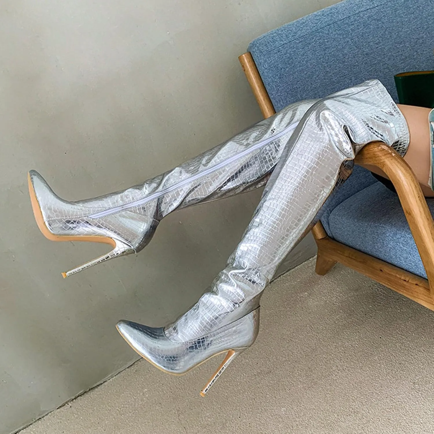 Side Zipper Stiletto Over-The-Knee Boots, Pointed Toe Pattern Patent Leather Shiny Splicing Thin Pleated High Heels Simple And Versatile Comfortable