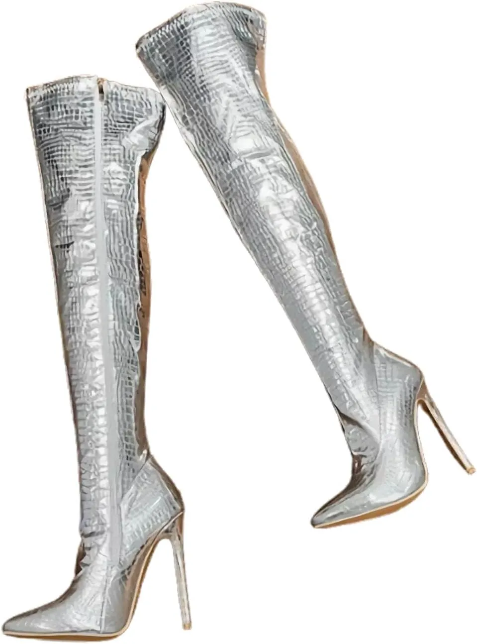 Side Zipper Stiletto Over-The-Knee Boots, Pointed Toe Pattern Patent Leather Shiny Splicing Thin Pleated High Heels Simple And Versatile Comfortable