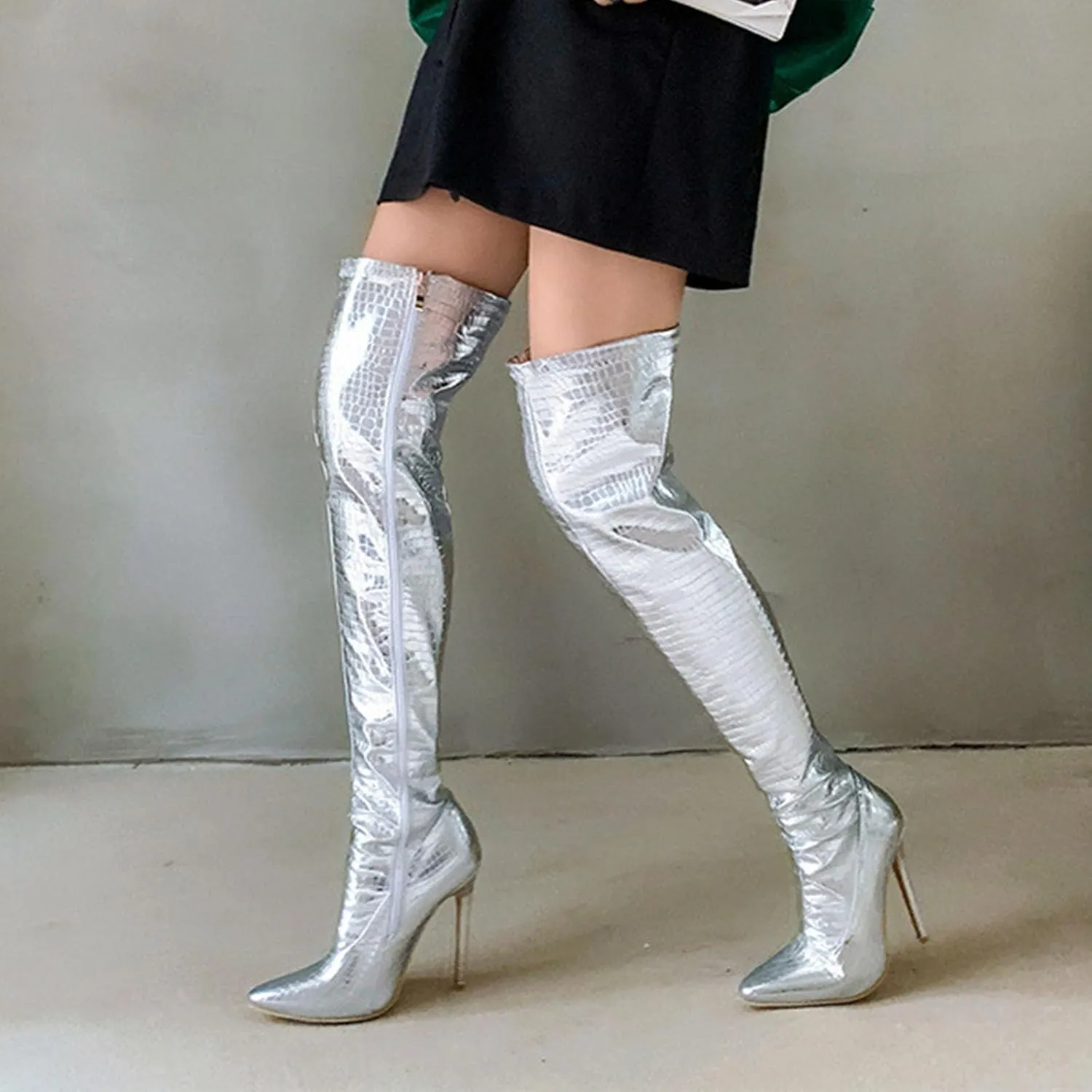 Side Zipper Stiletto Over-The-Knee Boots, Pointed Toe Pattern Patent Leather Shiny Splicing Thin Pleated High Heels Simple And Versatile Comfortable