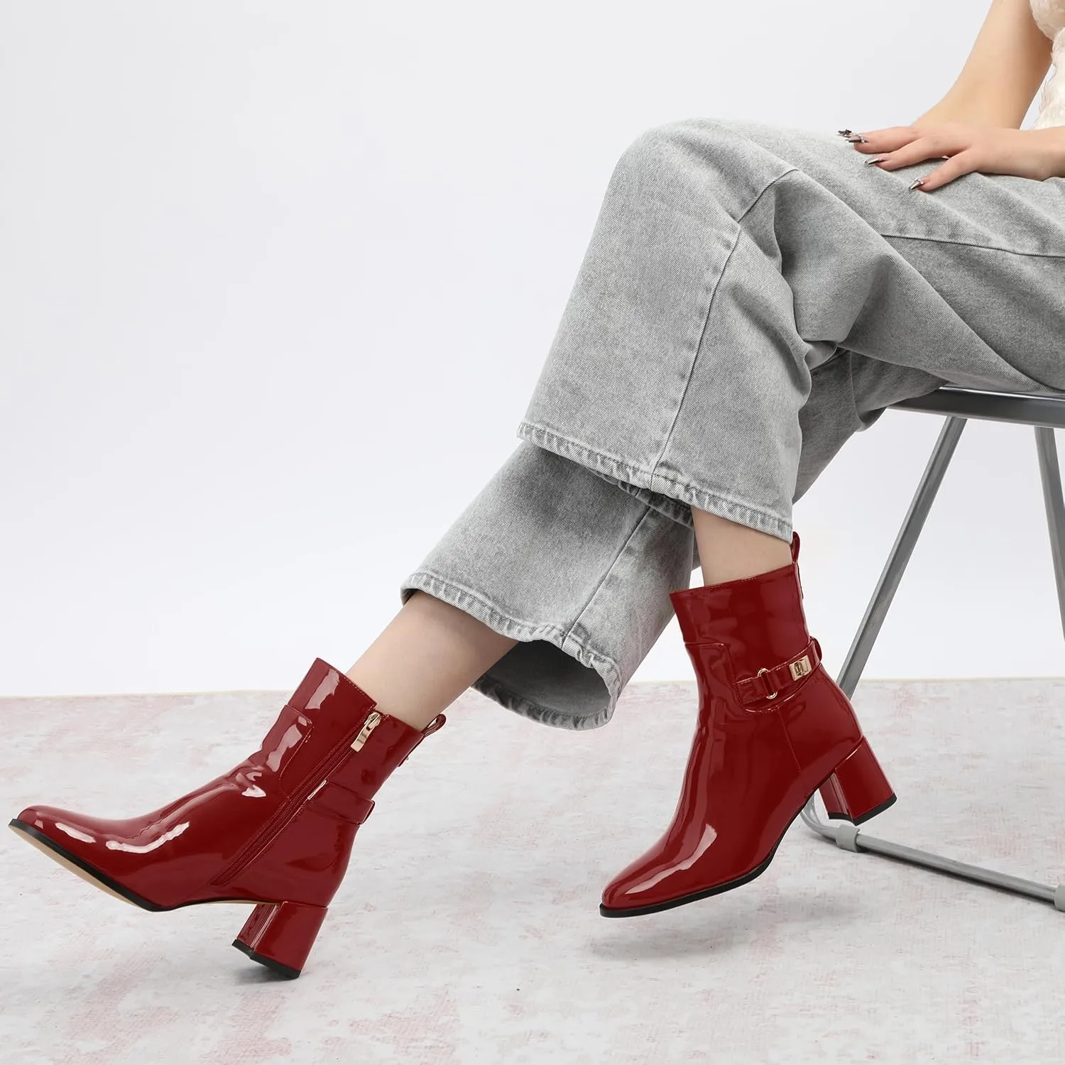 SKYSTERRY Womens Ankle Boots Round Toe Chunky Block High Heel Boots Fashion Patent Leather Booties for Women Party Wedding Shopping Work Dress Short Boots