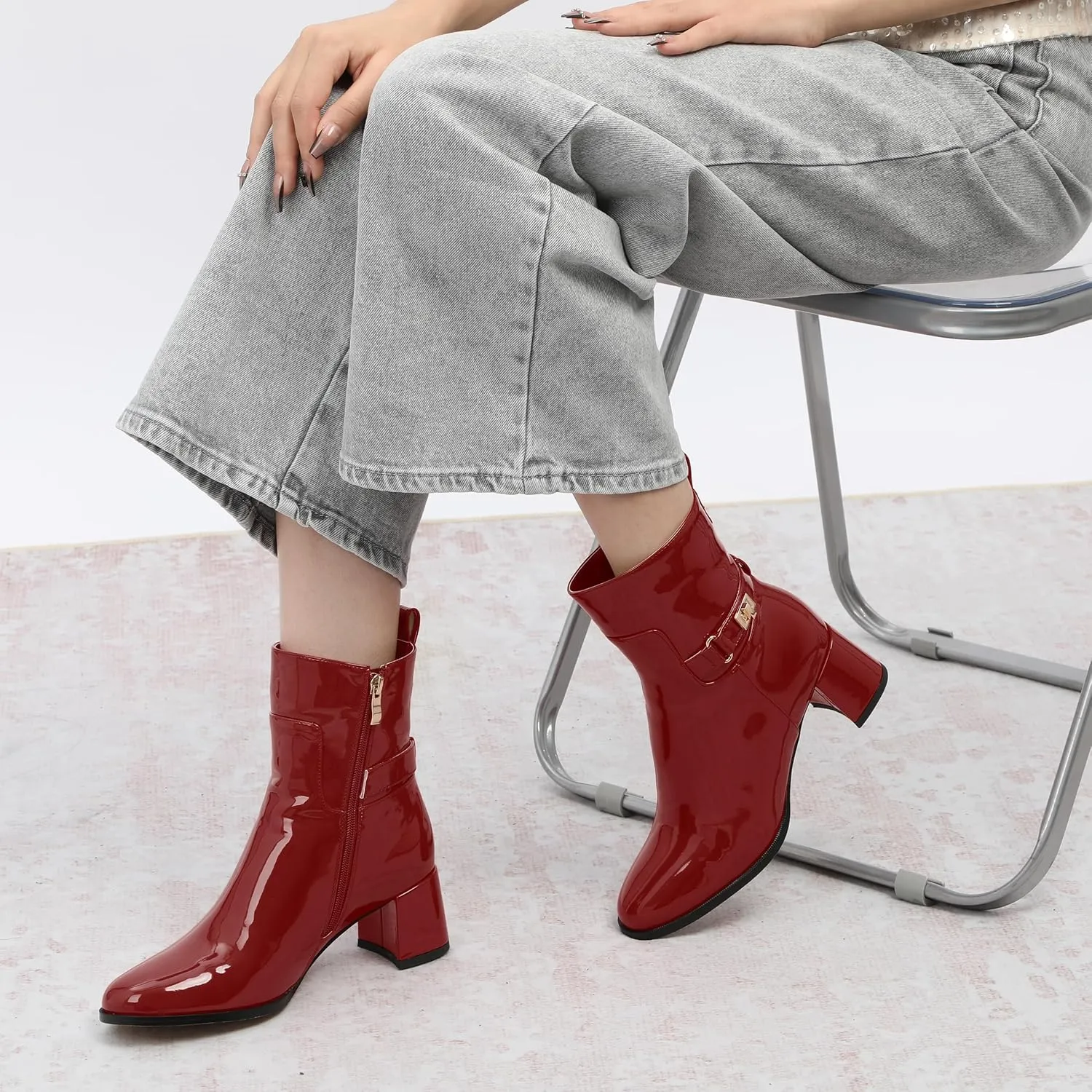 SKYSTERRY Womens Ankle Boots Round Toe Chunky Block High Heel Boots Fashion Patent Leather Booties for Women Party Wedding Shopping Work Dress Short Boots