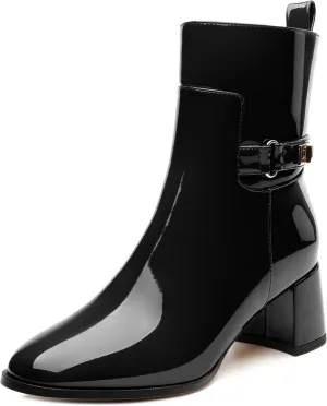 SKYSTERRY Womens Ankle Boots Round Toe Chunky Block High Heel Boots Fashion Patent Leather Booties for Women Party Wedding Shopping Work Dress Short Boots