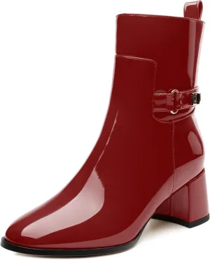 SKYSTERRY Womens Ankle Boots Round Toe Chunky Block High Heel Boots Fashion Patent Leather Booties for Women Party Wedding Shopping Work Dress Short Boots