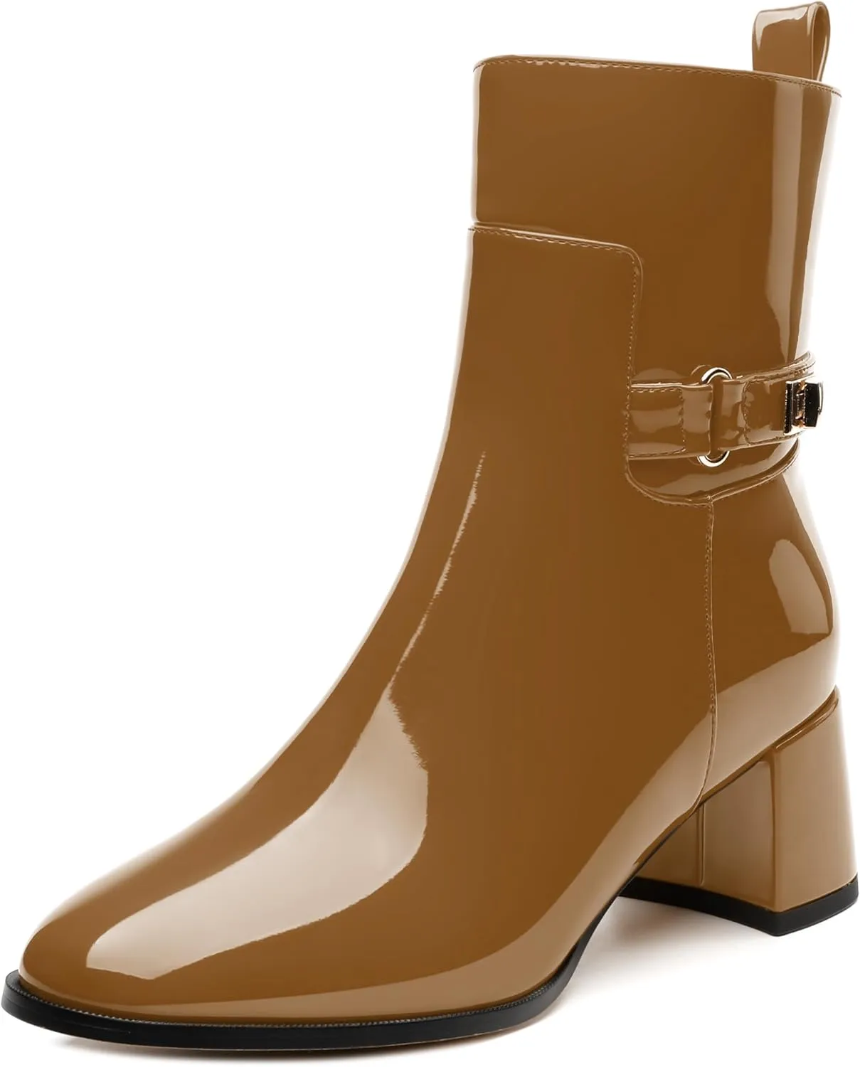 SKYSTERRY Womens Ankle Boots Round Toe Chunky Block High Heel Boots Fashion Patent Leather Booties for Women Party Wedding Shopping Work Dress Short Boots