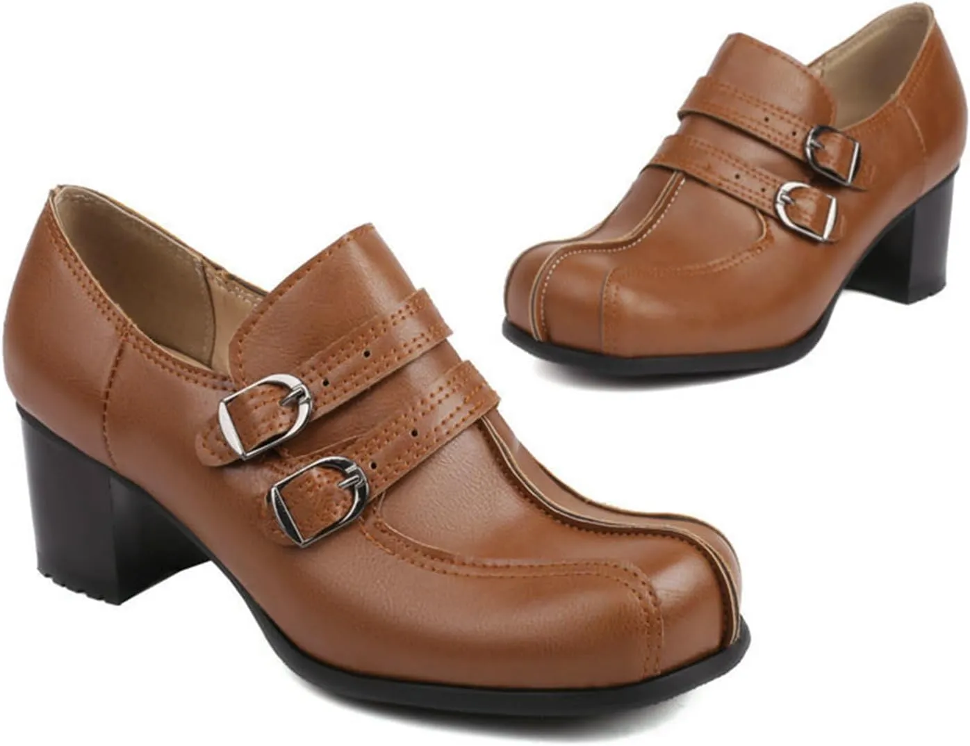 TNXZ Women's Comfortable Low Chunky Block Heels Pumps Slip-on Heeled Loafers Dress Work Shoes for Office Business