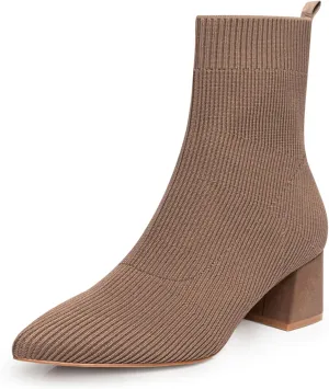 Trary Women's Pointed Toe Ankle Boots Knit Sock Booties Chunky Heeled Slip On Ankle Boot Fall Womens Boots