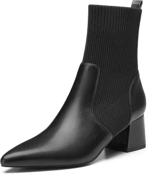 Trary Women's Pointed Toe Ankle Boots Knit Sock Booties Chunky Heeled Slip On Ankle Boot Fall Womens Boots