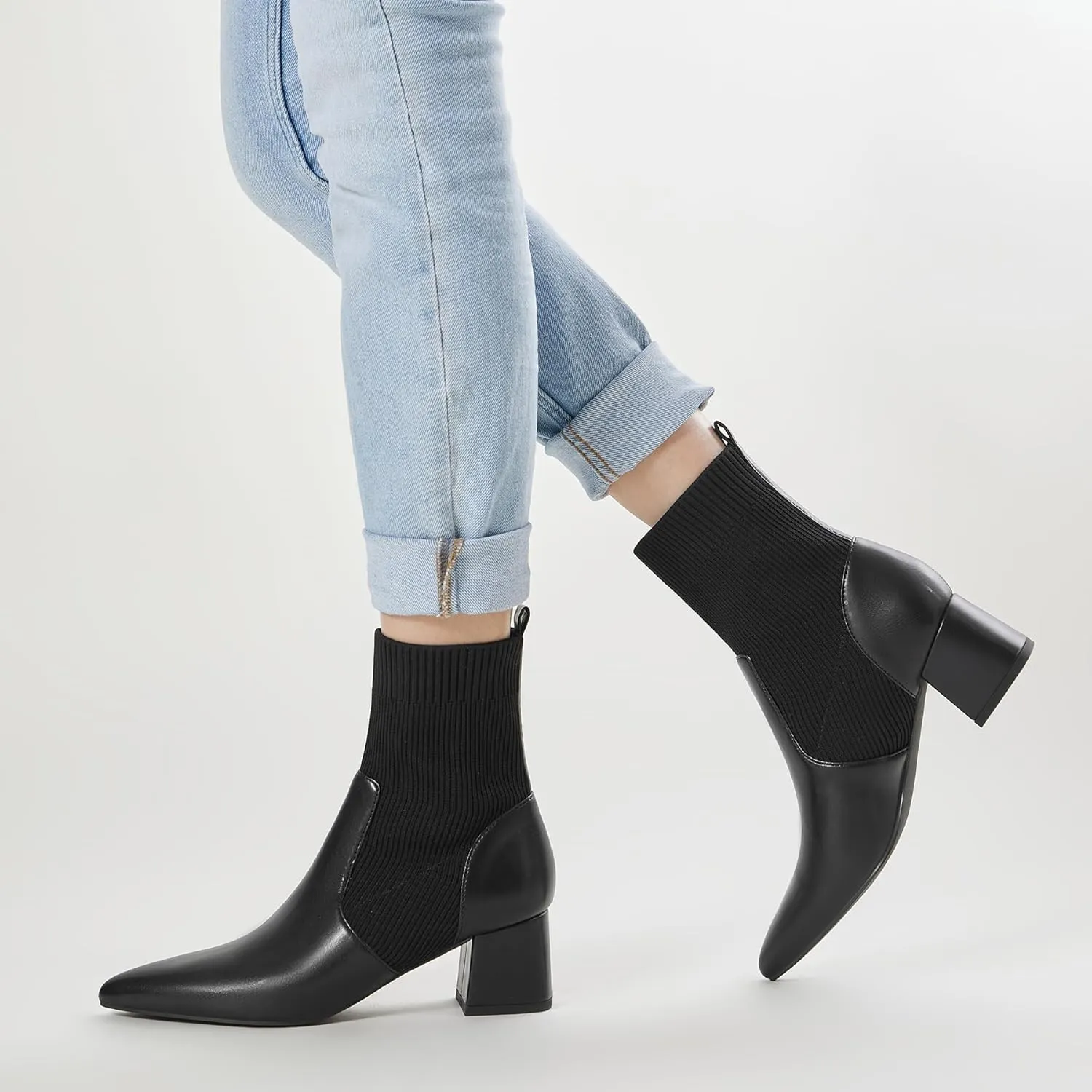 Trary Women's Pointed Toe Ankle Boots Knit Sock Booties Chunky Heeled Slip On Ankle Boot Fall Womens Boots