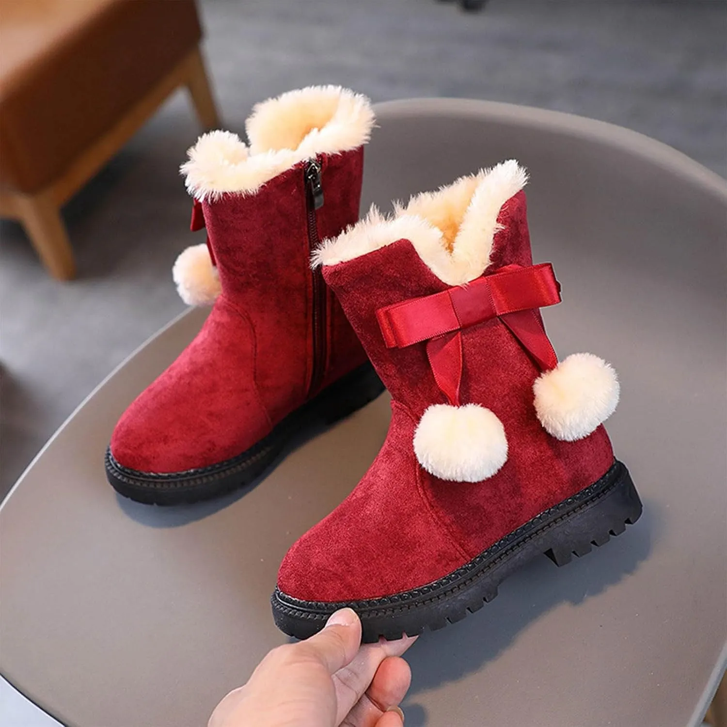 Winter Warm Boots for Girls Fuzzy Fleece Lined Cute Snow Boots Side Zipper Mid Calf Booties for Little Kids Big Kid