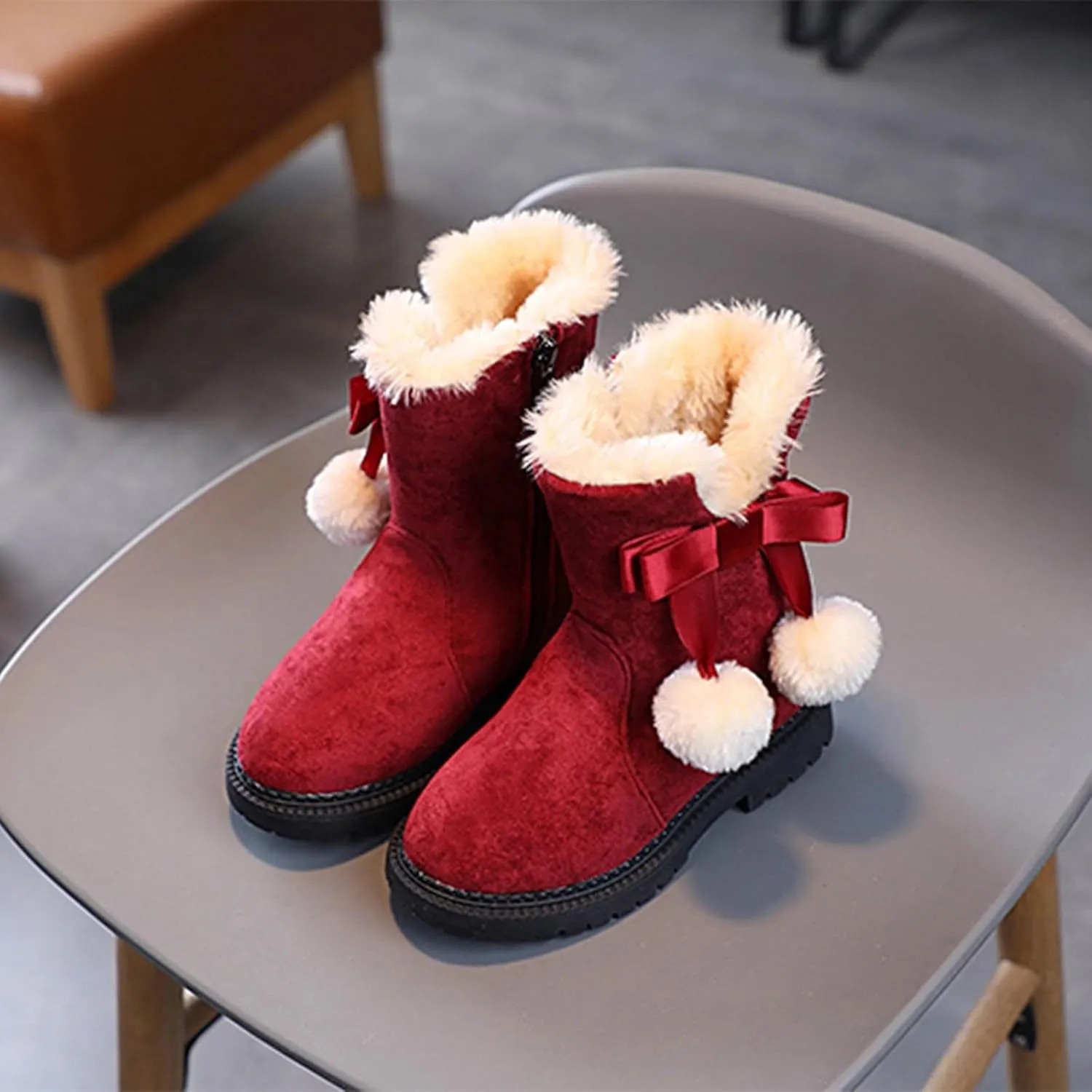 Winter Warm Boots for Girls Fuzzy Fleece Lined Cute Snow Boots Side Zipper Mid Calf Booties for Little Kids Big Kid