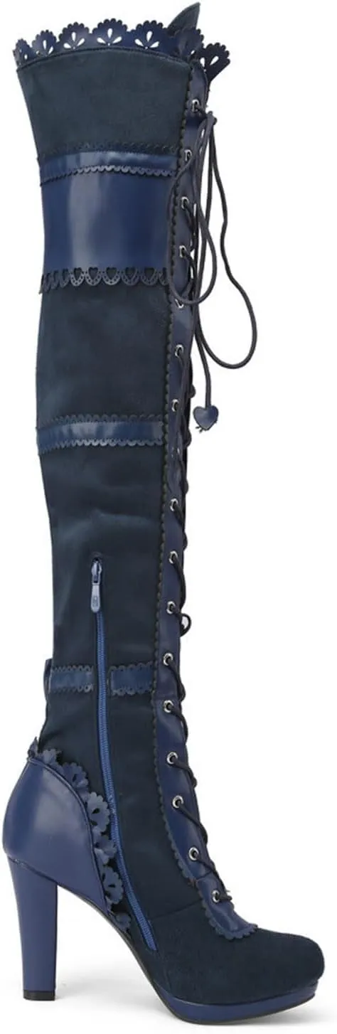 Women Over Knee Boots Fashionable New Pattern Simple Bow Decoration Round Toe Comfortable Lace Up Chunky over The Knee Boots, 6.5