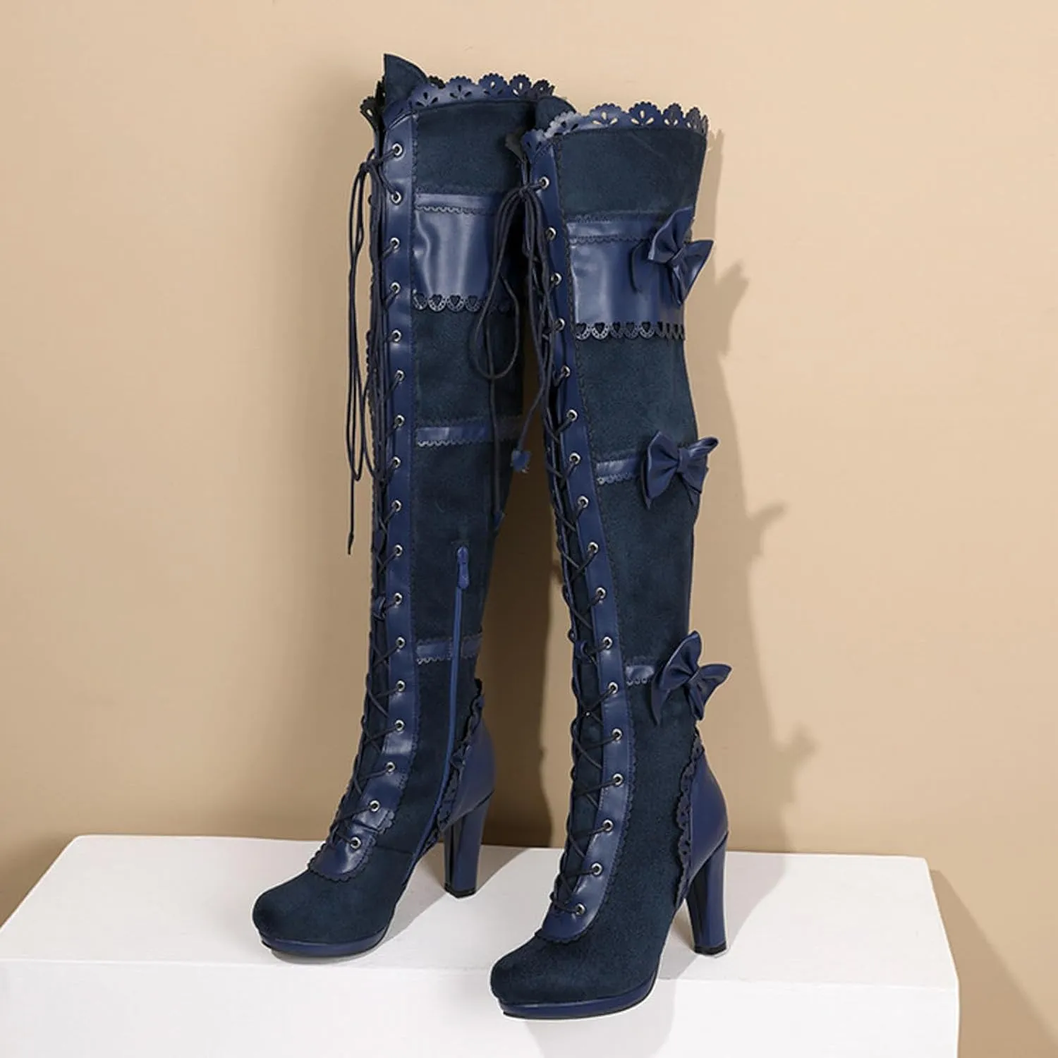 Women Over Knee Boots Fashionable New Pattern Simple Bow Decoration Round Toe Comfortable Lace Up Chunky over The Knee Boots, 6.5