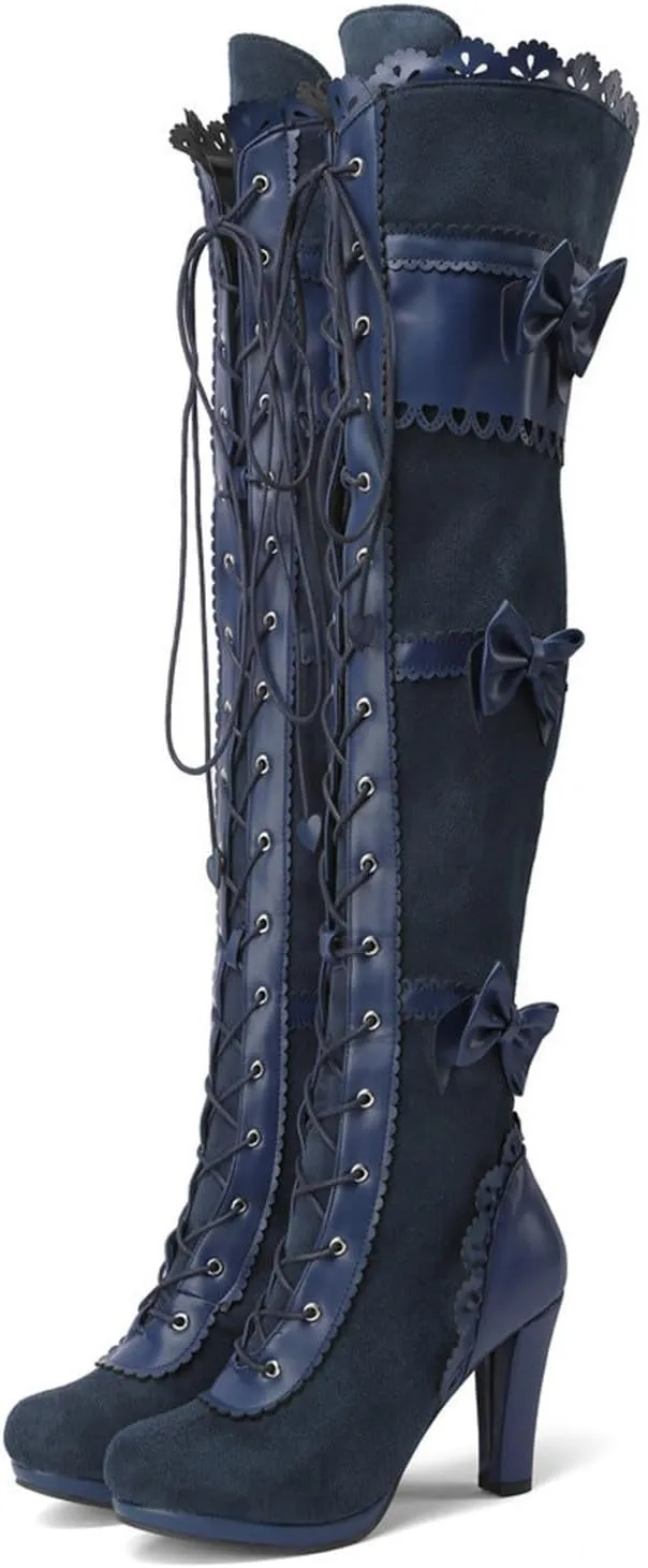 Women Over Knee Boots Fashionable New Pattern Simple Bow Decoration Round Toe Comfortable Lace Up Chunky over The Knee Boots, 6.5