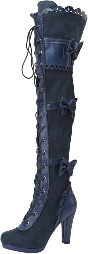 Women Over Knee Boots Fashionable New Pattern Simple Bow Decoration Round Toe Comfortable Lace Up Chunky over The Knee Boots, 6.5
