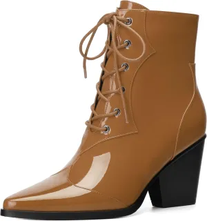Women's Ankle Boots, Lace-Up & side zipper Pointed Toe Ankle Booties with Mid Heels for Women's Chelsea Boots