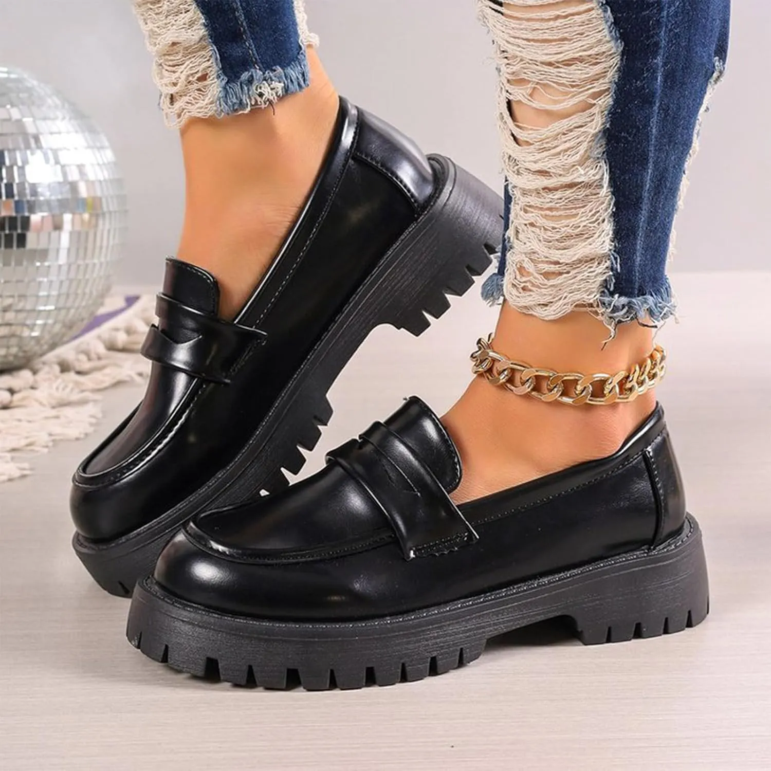 Womens Casual Chunky Loafers Dressy Work Shoe Platform Slip On Shoe Dress Business Shoes Comfortable Office Shoes