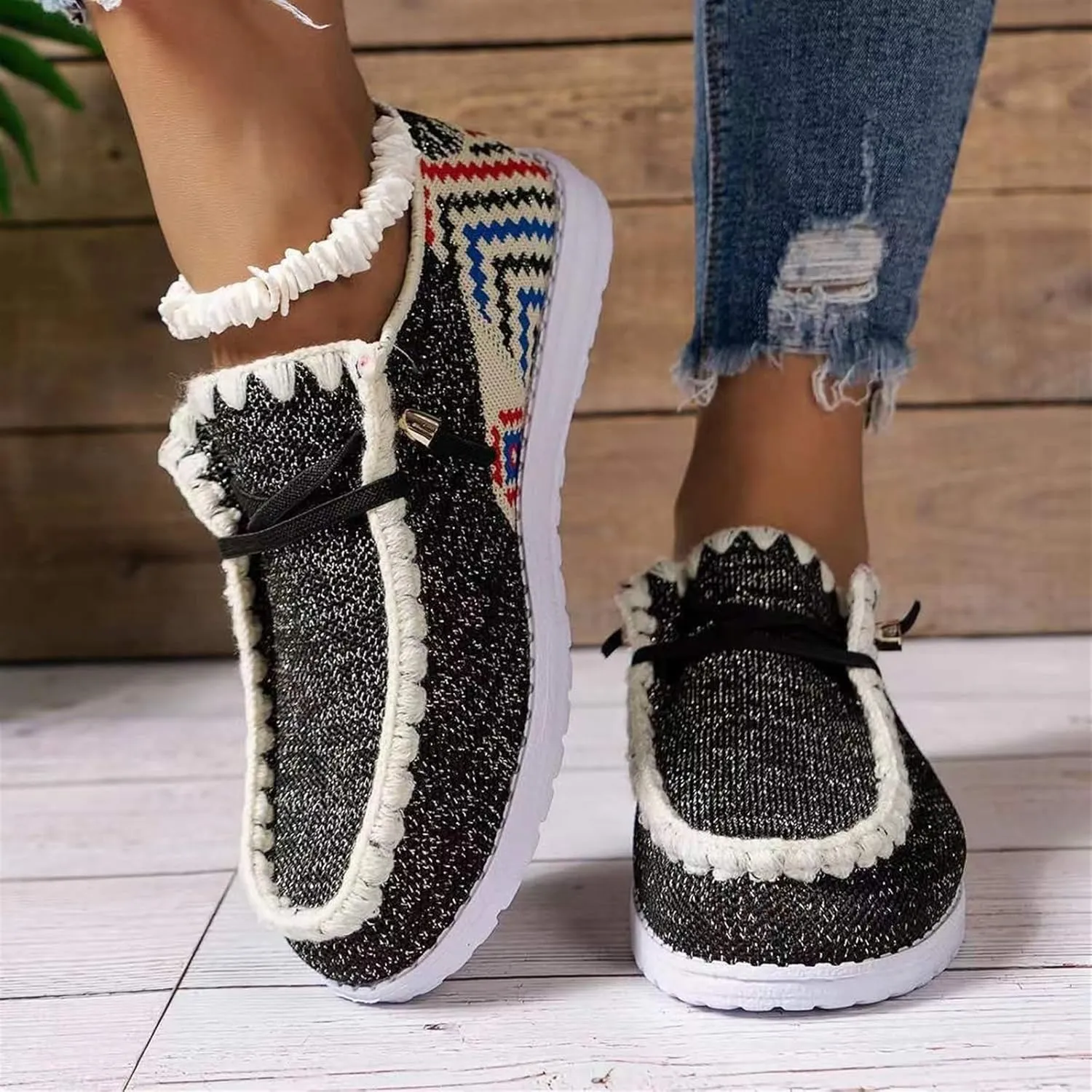 Women's Lace-up Slip-on Loafers Knitted Breathable Fabrics Boat Lightweight Easy Wear Comfortable Round Toe Driving Casual Walking Shoes for Women