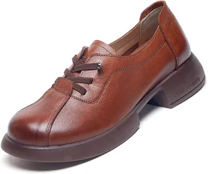 Women's Leather Lace-Up Platform Oxford Shoes Comfortable Slip On Softsole Dress Leather Shoes Outdoor Non-Slip Driving Flat Walking Shoes