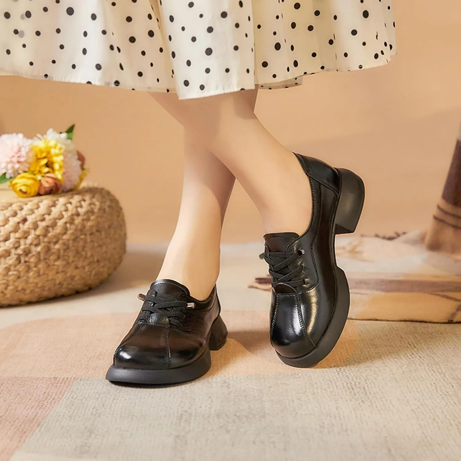 Women's Leather Lace-Up Platform Oxford Shoes Comfortable Slip On Softsole Dress Leather Shoes Outdoor Non-Slip Driving Flat Walking Shoes