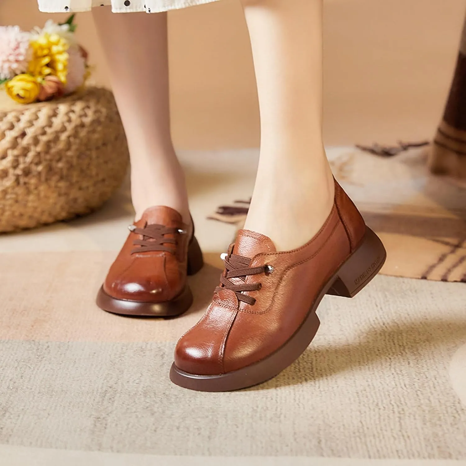 Women's Leather Lace-Up Platform Oxford Shoes Comfortable Slip On Softsole Dress Leather Shoes Outdoor Non-Slip Driving Flat Walking Shoes