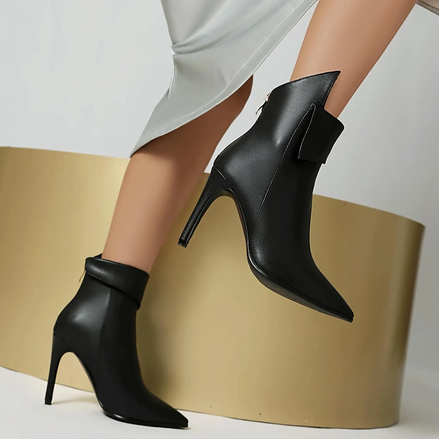 Women's Leather Pointed-Toe Stiletto Heel Ankle Boots Fashion Sexy Back Zipper Kitten Heel Booties Classic Simple Party Dress Boots