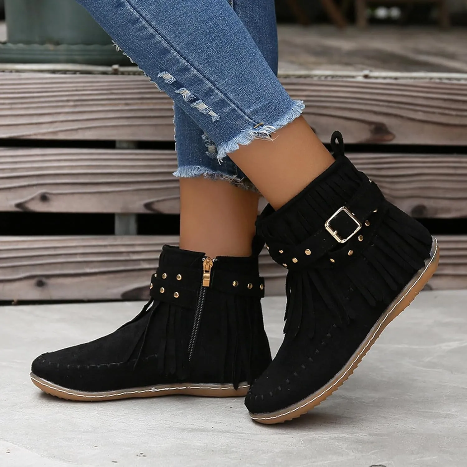 Women's Moccasins Ankle Boots Retro Suede Fringe Booties Tassel Crisscross Studded Strappy Non-Slip Fall Winter Casual Fashion Boots