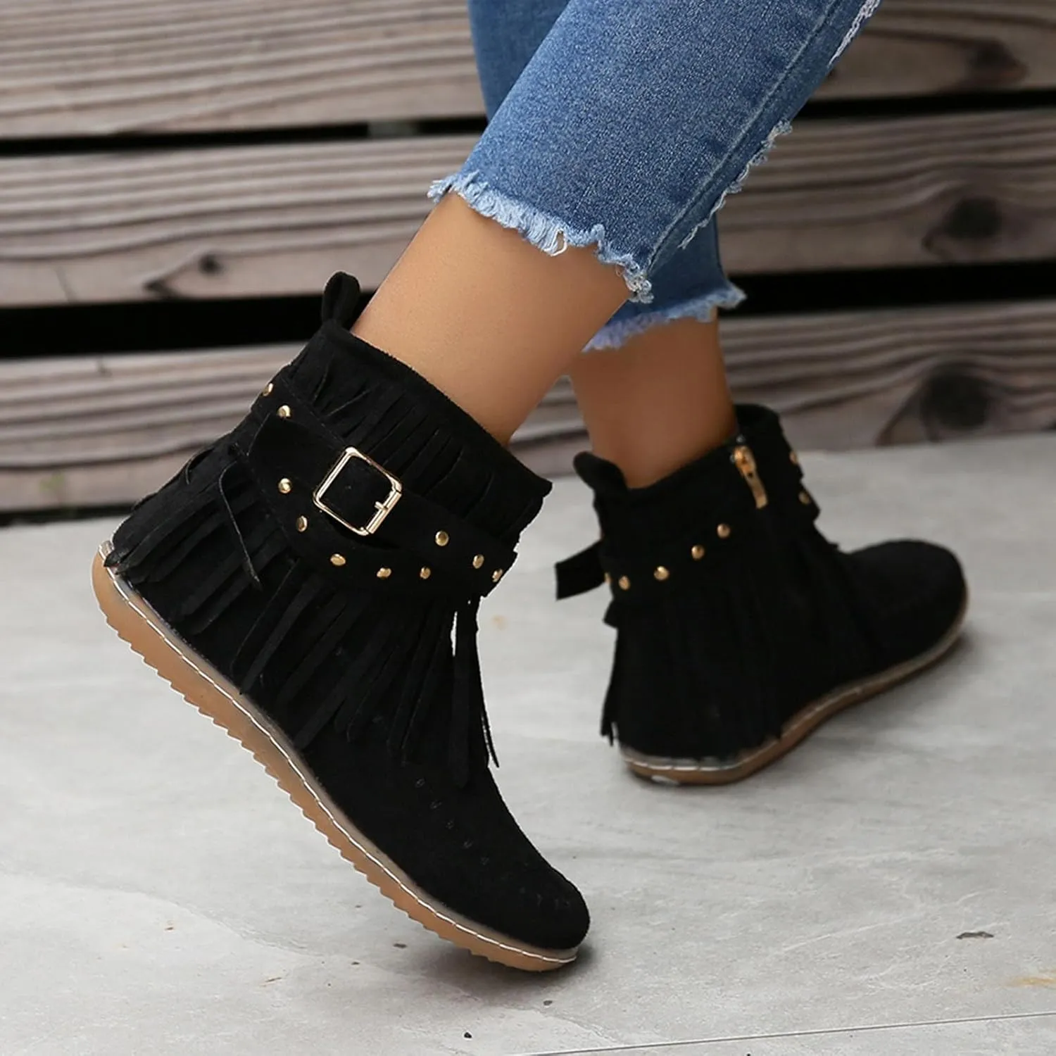 Women's Moccasins Ankle Boots Retro Suede Fringe Booties Tassel Crisscross Studded Strappy Non-Slip Fall Winter Casual Fashion Boots