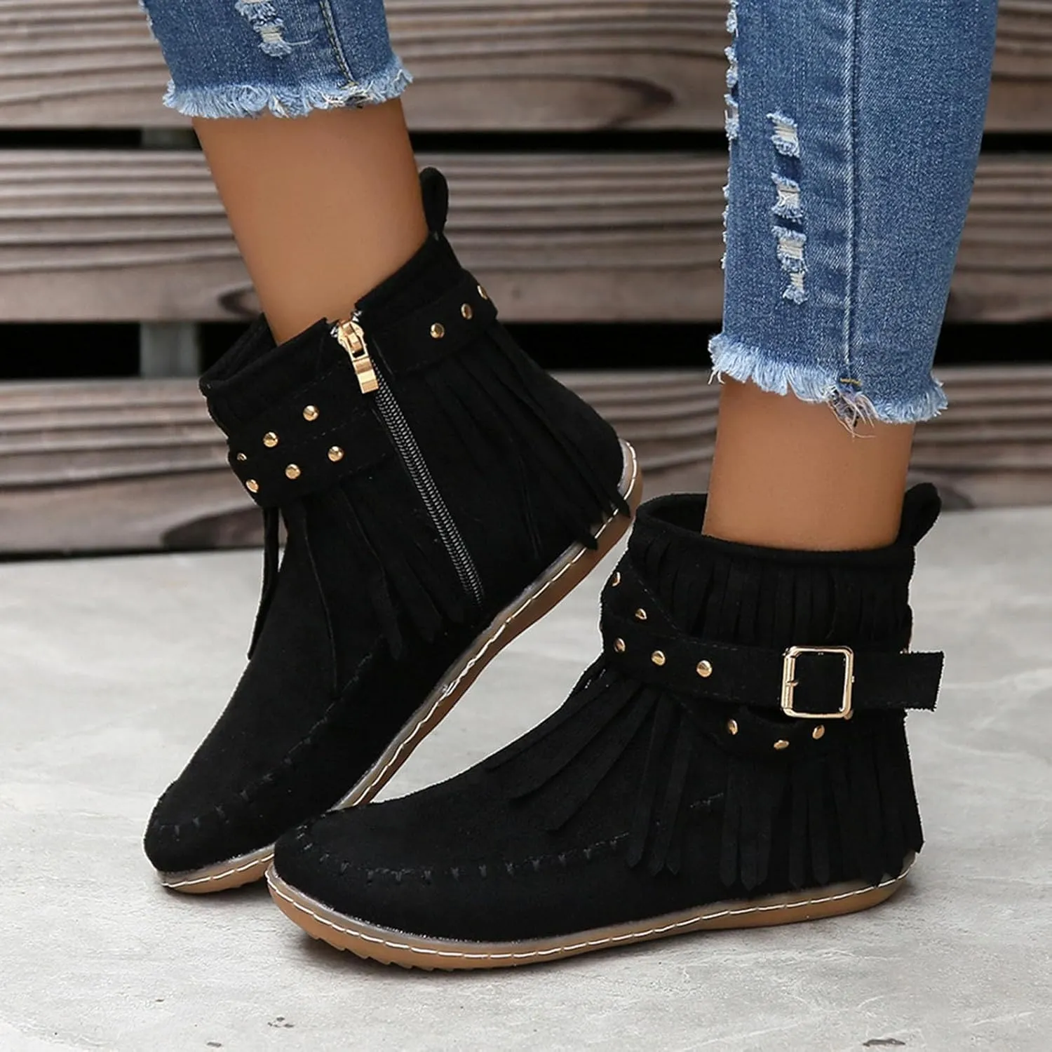 Women's Moccasins Ankle Boots Retro Suede Fringe Booties Tassel Crisscross Studded Strappy Non-Slip Fall Winter Casual Fashion Boots