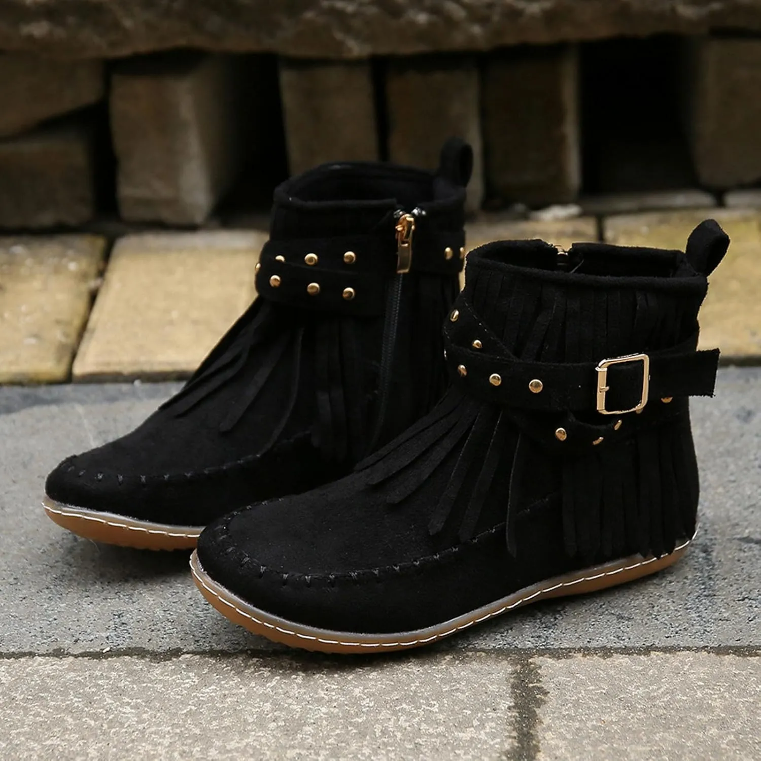 Women's Moccasins Ankle Boots Retro Suede Fringe Booties Tassel Crisscross Studded Strappy Non-Slip Fall Winter Casual Fashion Boots