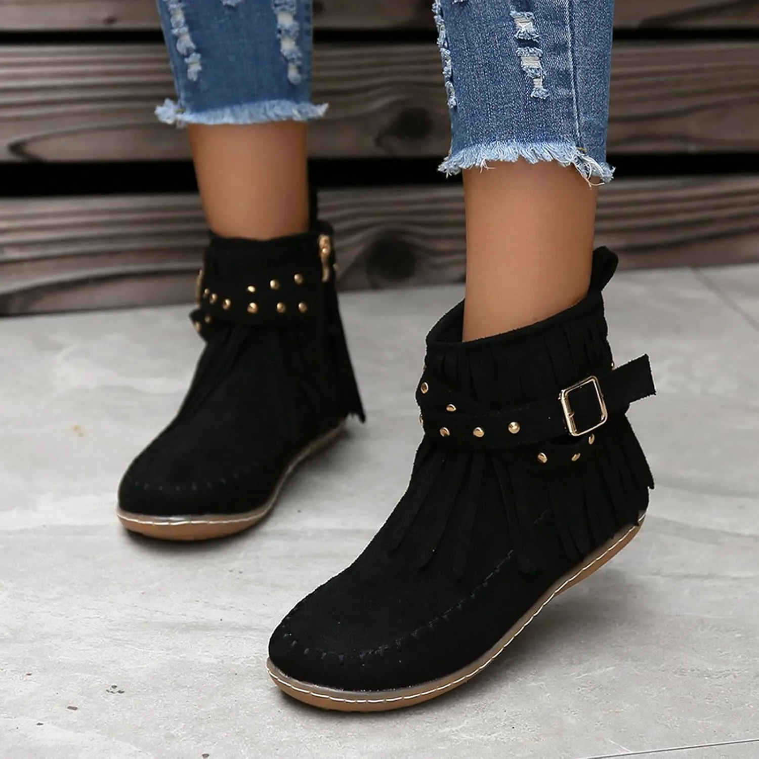 Women's Moccasins Ankle Boots Retro Suede Fringe Booties Tassel Crisscross Studded Strappy Non-Slip Fall Winter Casual Fashion Boots