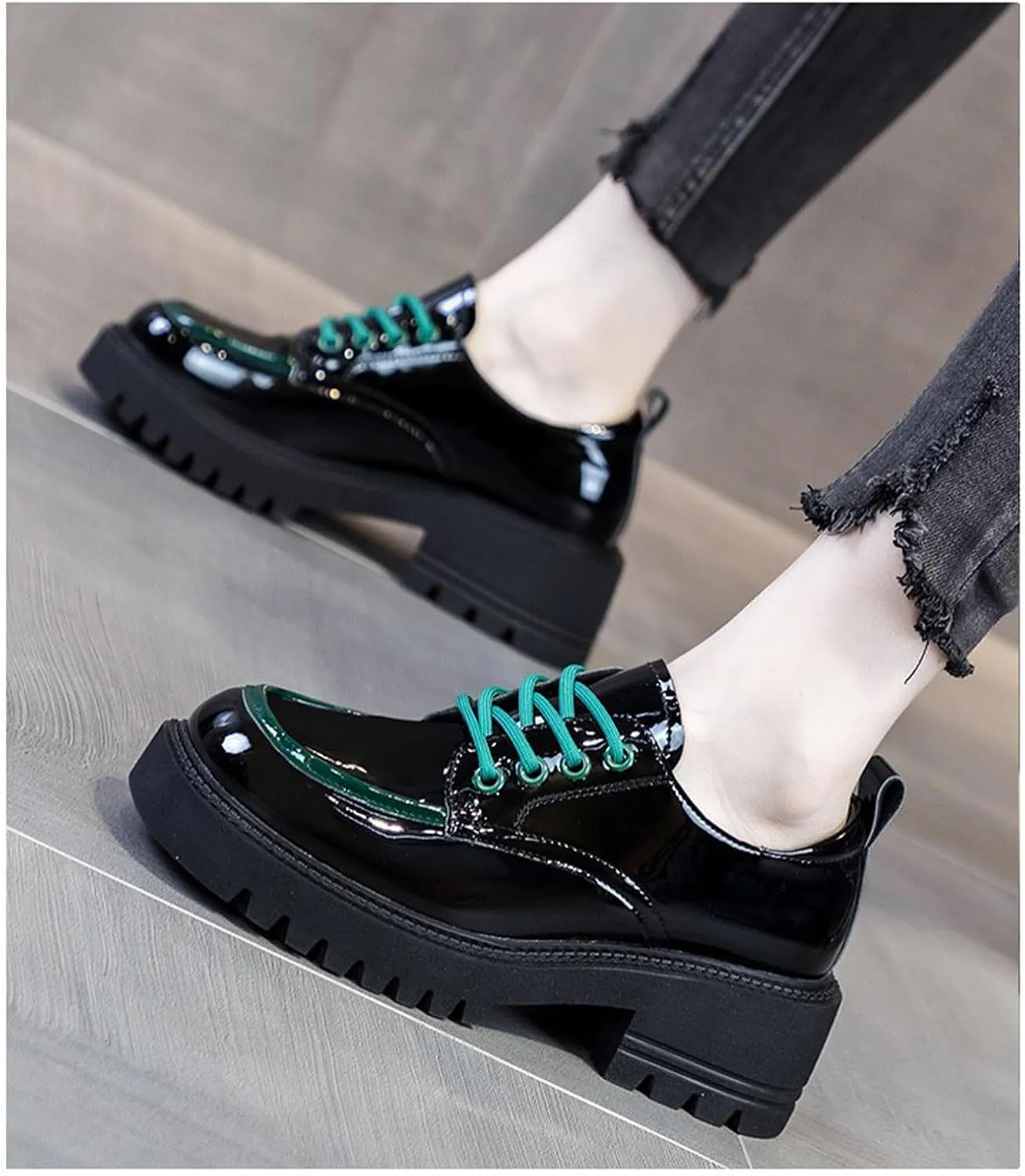 Women's Patent Leather Platform Oxford Dress Shoes Comfort Round Toe Lace-Up Chunky Loafers Classic Black Business Work Shoes