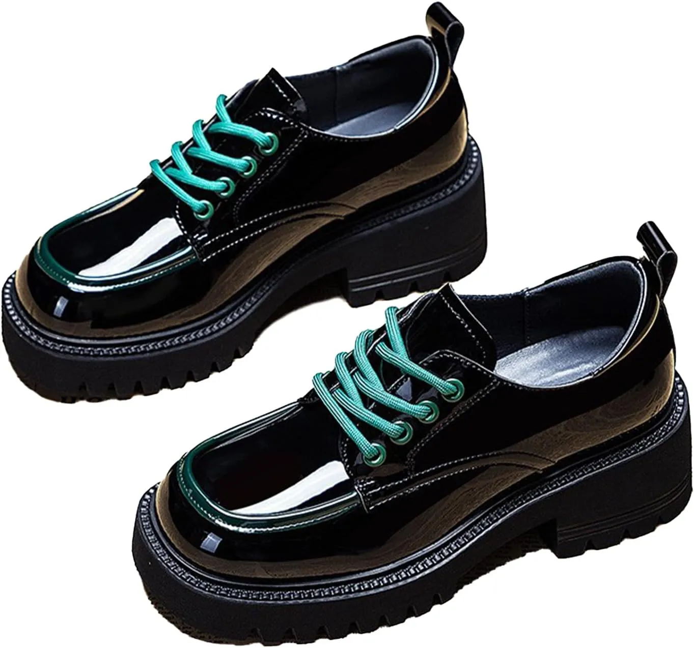 Women's Patent Leather Platform Oxford Dress Shoes Comfort Round Toe Lace-Up Chunky Loafers Classic Black Business Work Shoes
