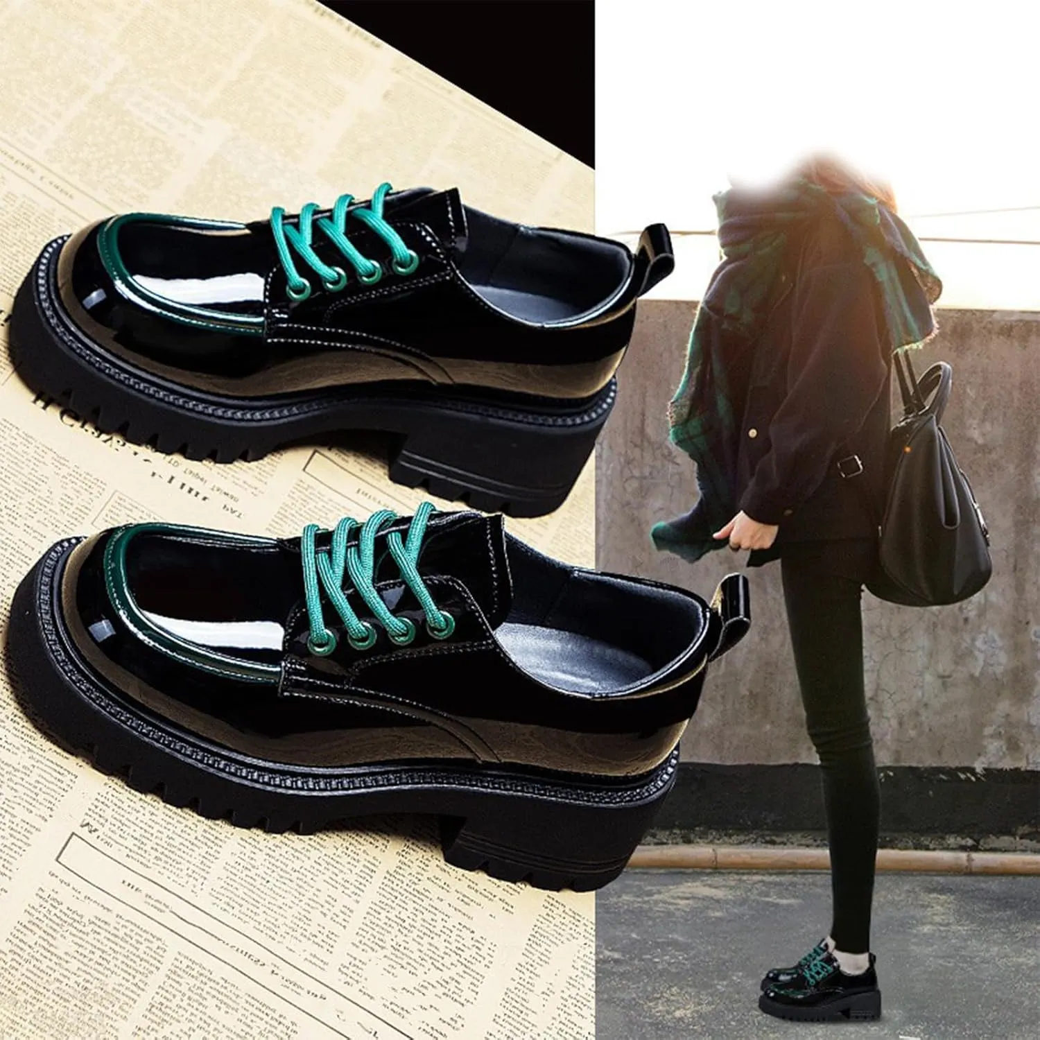 Women's Patent Leather Platform Oxford Dress Shoes Comfort Round Toe Lace-Up Chunky Loafers Classic Black Business Work Shoes